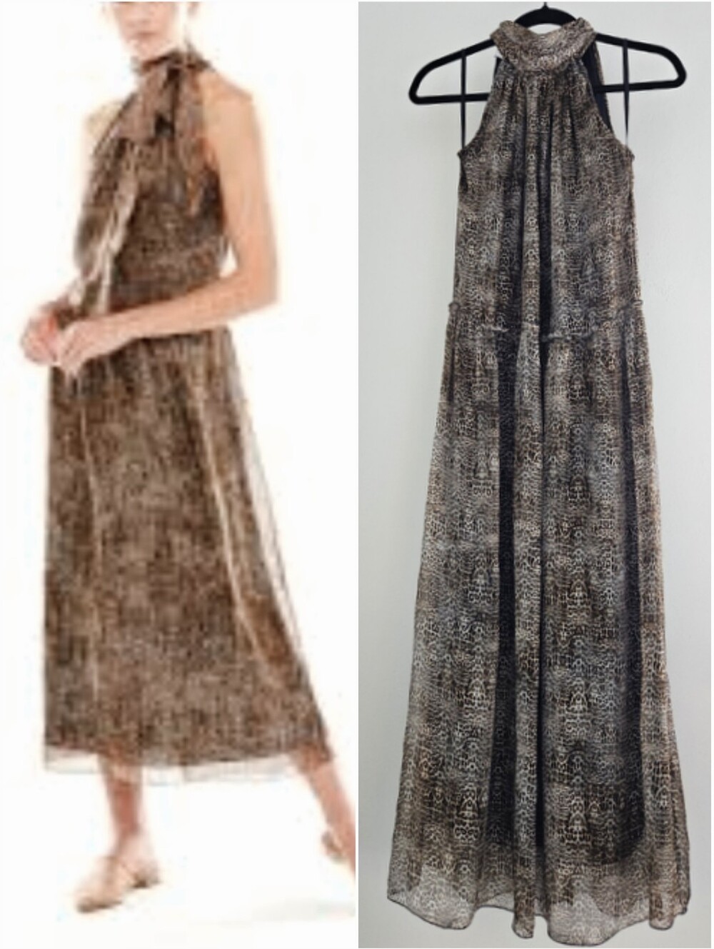 Sara Campbell Silk Neutral Brown Hues Animal Print High Neck Sleeveless Dress